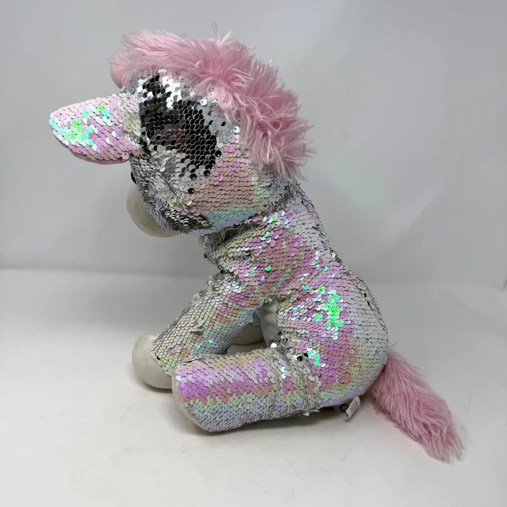 Goffa Reversible Sequin Unicorn Plush Silver Iridescent Pink 15 Inch Toy